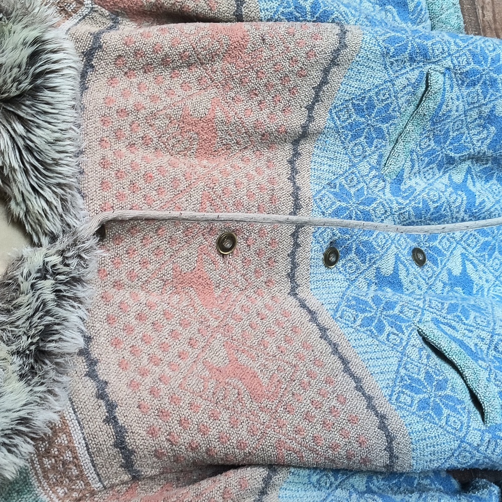 Vintage Nordic Scandinavian Wool Blend Faux Fur Hooded Blanket Coat Sz XL Women - Picture 4 of 17
